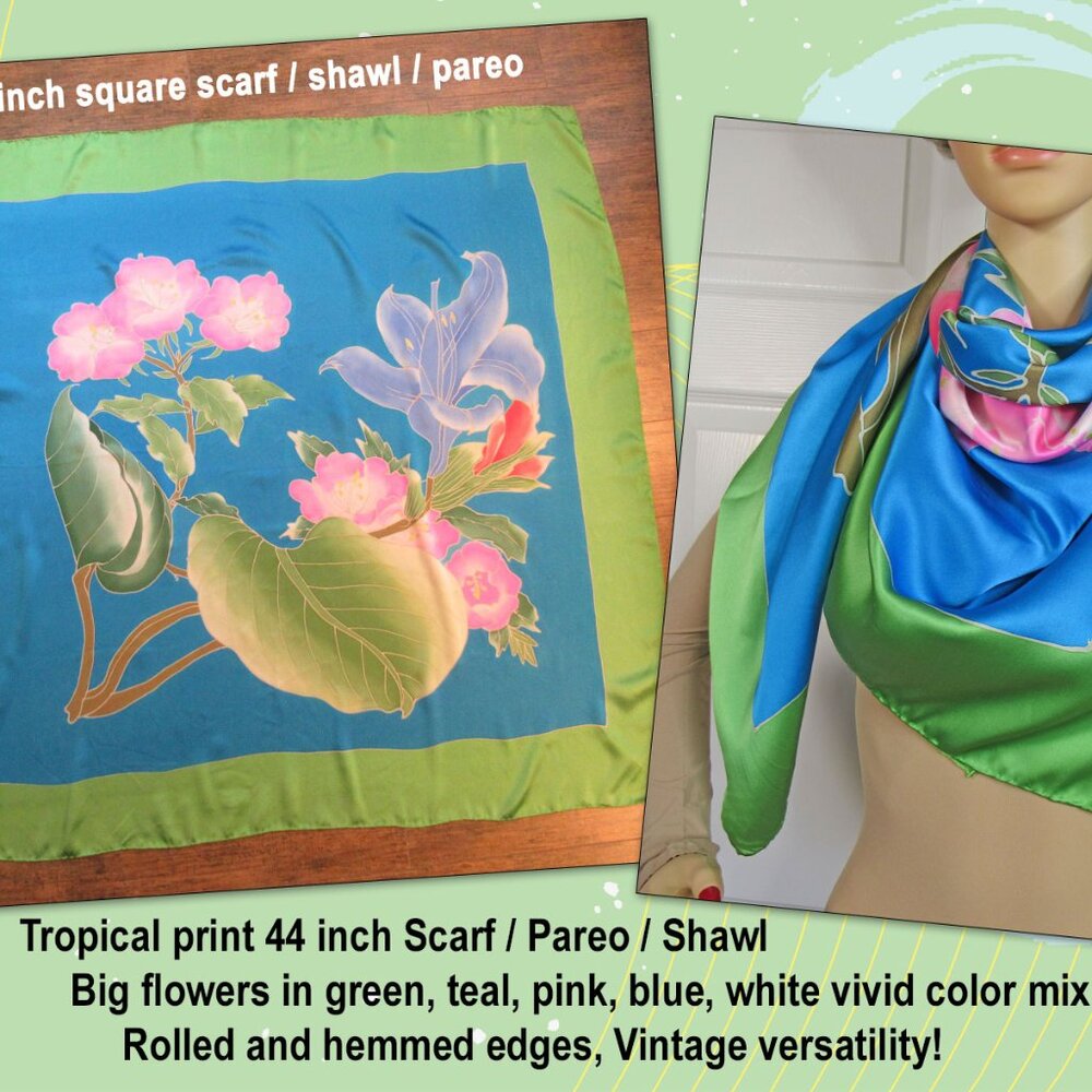 Tropical print 44 inch Scarf / Pareo / Shawl, Green, teal, pink blue floral